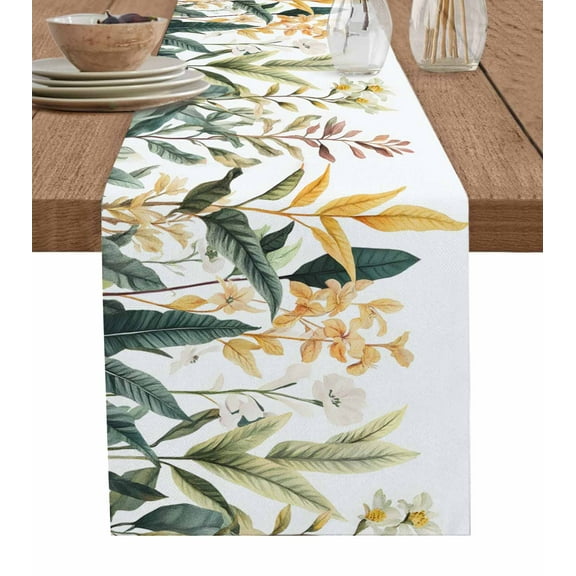 Watercolor Floral Leaves Table Runner Cotton Linen 60 Inch Holiday Dresser Scarves, Farmhouse Tropical Leaf Tablerunner for Kitchen Coffee Dining Bedroom Living Room Dinner Scarf Décor 13''x60''