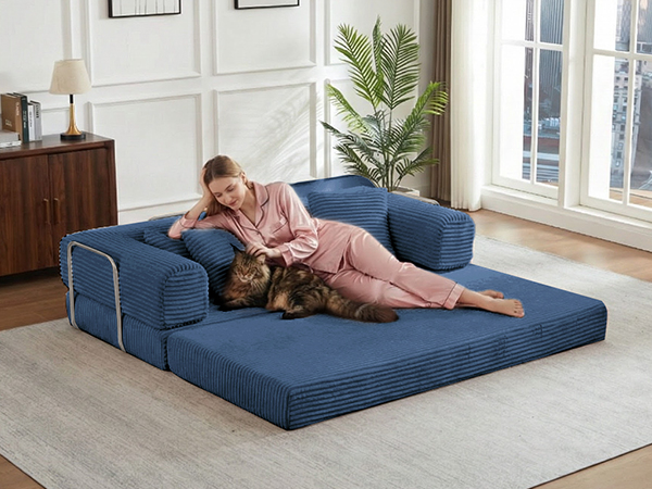 Gewnee Blue 2-in-1 Convertible Corduroy Sofa Bed with High-Density Sponge No Assembly for Apartment Dorm Office