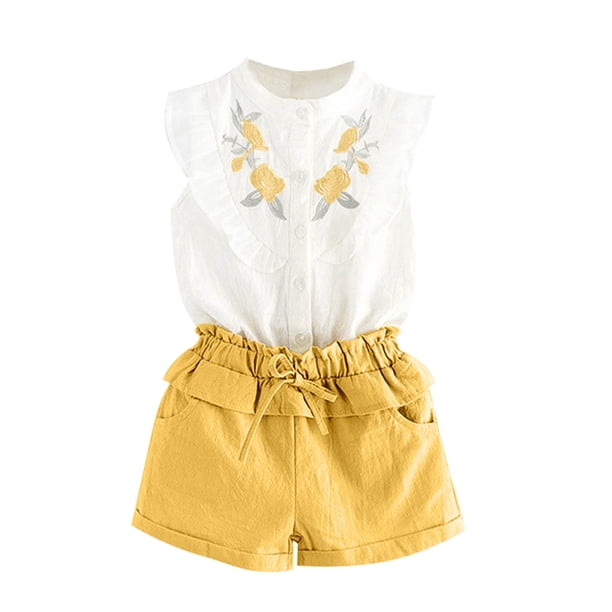 Gibobby Conjunto de sudadera y pantalón para niños Conjunto de camiseta para bebé con volantes y bordado para niños pequeños, conjunto de ropa y conjunto para(Amarillo, 3-4 Años)