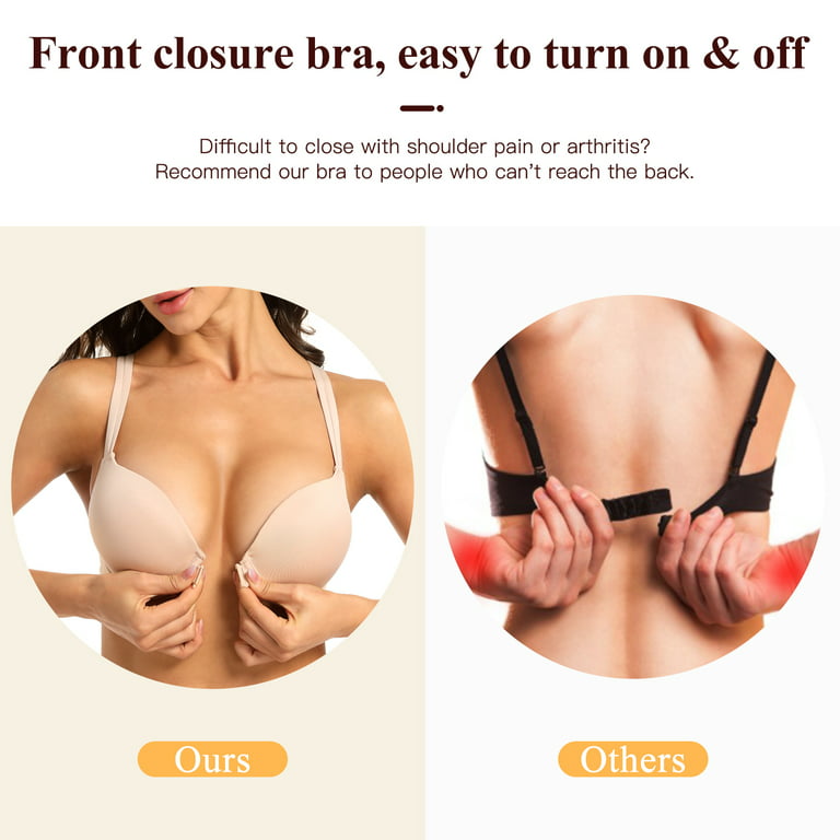 YANDW Front Closure Push Up Bra Strappy Thick Padded Cross Back Add 2 Cup  Plunge Seamless Underwire Bras Nude,42A 
