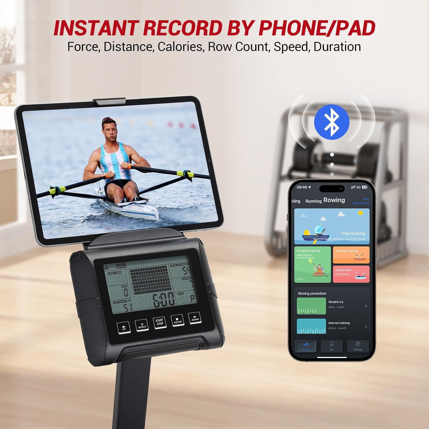 M optimized Water Rowing Machines for Home, 380 Lbs Capacity Rower Machine with Digital Monitor, Wide Ergonomic Seating and Tablet Holder, App Compatible