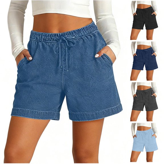 Vhkiploz Plus Size Summer Board Shorts for Women's Drawstring Beachwear Bermuda Shorts Solid Color Wide Leg Running Shorts with Side Pockets