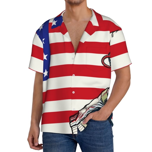 Balery American Astronaut Runs Forward Camisa Casual de Manga Corta con Botones para Hombre, Texturizada, Estilo Cubano, para Playa, Verano-Medium
