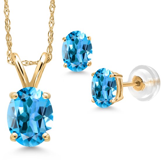Gem Stone King 14K Yellow Gold Swiss Blue Topaz Pendant Earrings Jewelry Set for Women | 3.35 Cttw | Gemstone November Birthstone | Oval 9X7MM | with 18 inch Chain