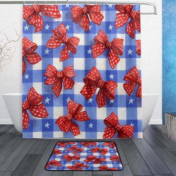 TTYFWHD 60" x 72" Shower Curtain and Bath Mat Set Retro Red Polka Dot Bows Waterproof Bathroom Curtain with 12 Hooks, Bathroom Decor Set