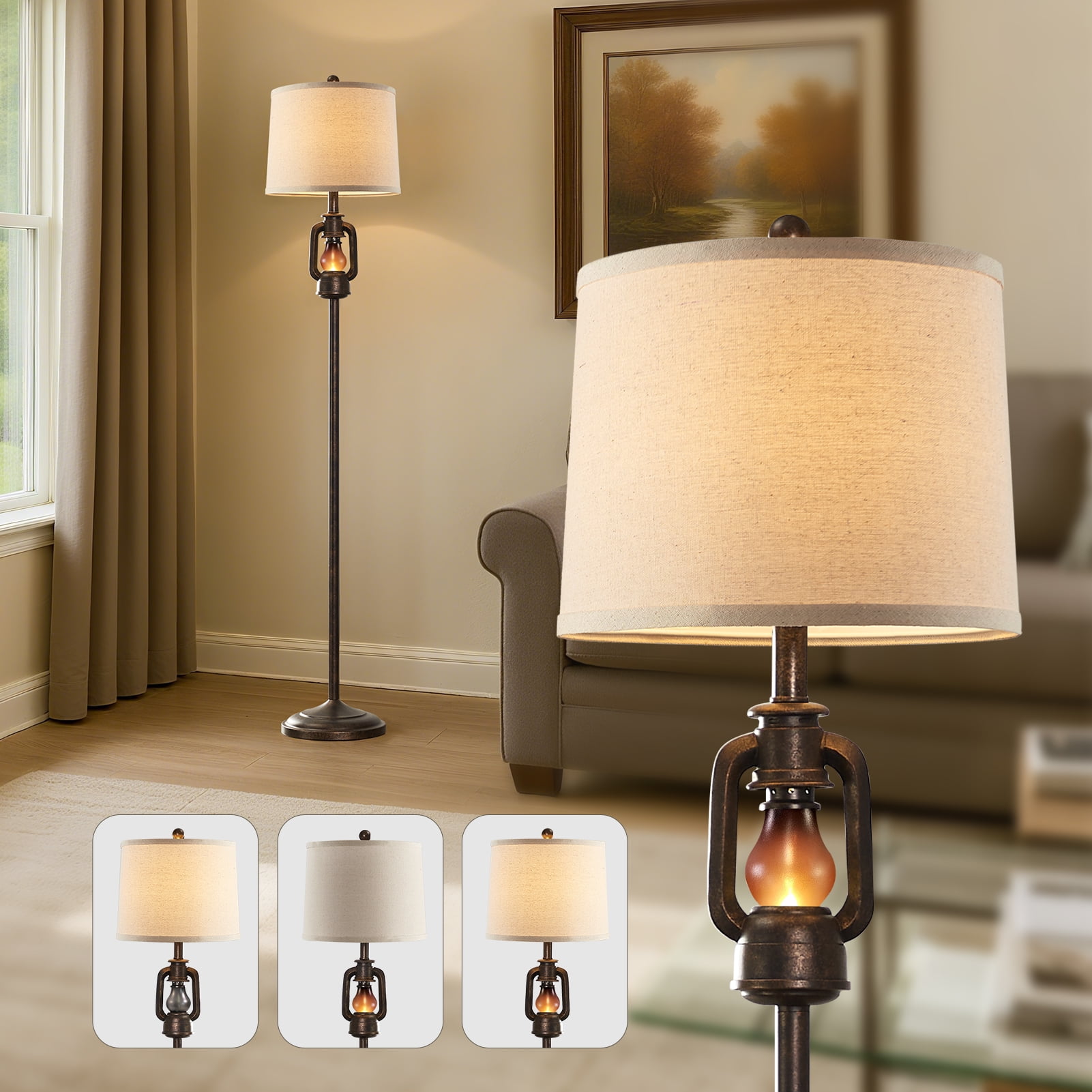 JUJUYUYOP 63" Linen Lampshade Vintage Country Farmhouse Style Floor Lamp with Lantern Night Light, Suitable for Living Room, Bedroom, and Office (Bulb Included)