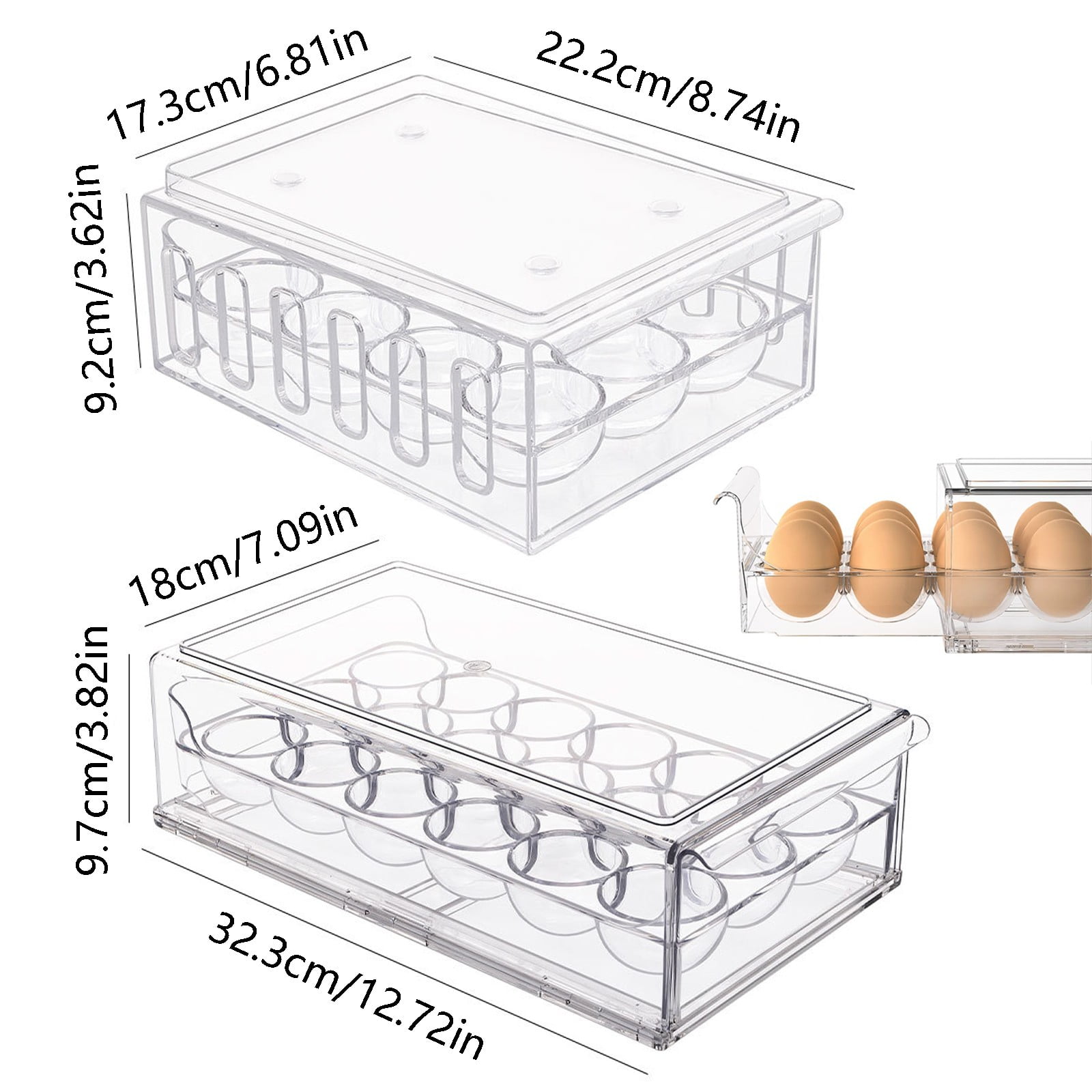 Kingtowag Stackable 12/18 Egg Holder for Fridge, Transparent Egg Dispenser Refrigerator Organizer, Large Inventory, Large Inventory