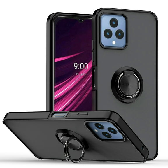 For T-Mobile REVVL 6 5G Impact Metal Ring Holder Stand Magnetic Car Mount Protective Hybrid Case Cover Black