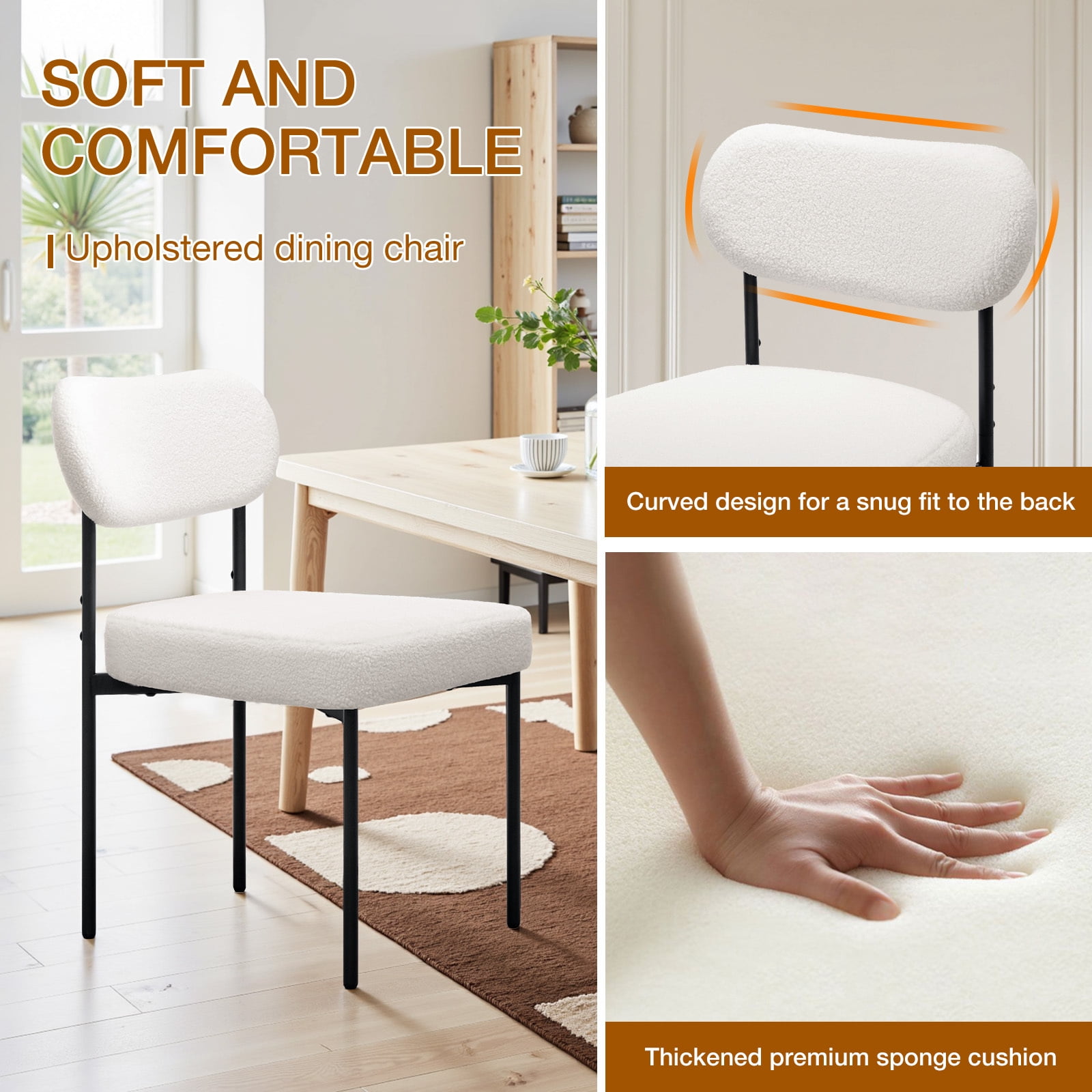 Hommpa Boucle Dining Chairs Set of 2 Modern Upholstered Kitchen Dining Room Chairs with Backrest & Metal Legs Accent Side Chairs White for Dining Kitchen Living Room Bedroom