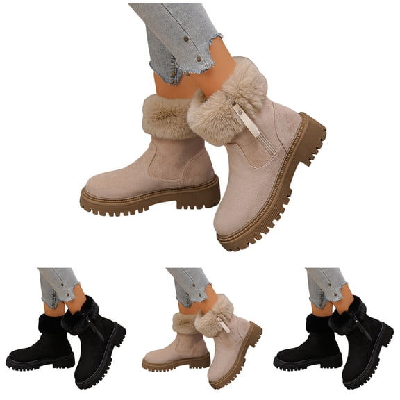 Pandaie Women's Winter Boots Fleece Lined Platform Mid Calf Snow Booties Suede Chunky Low Heel Fuzzy Dressy Outdoor Shoes Black 6
