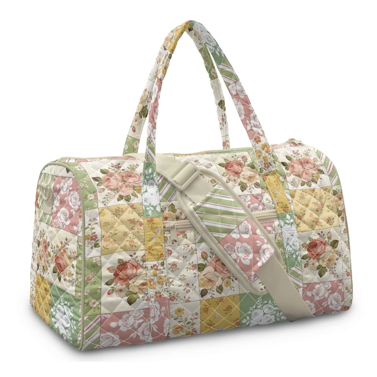 Garronmavis Large Floral Patchwork Quilted Duffle Bag for Women, Weekender Bag Travel Carry On Bag, Cute Overnight Gym Dance Tote with Luggage Sleeve, Zipper Pockets