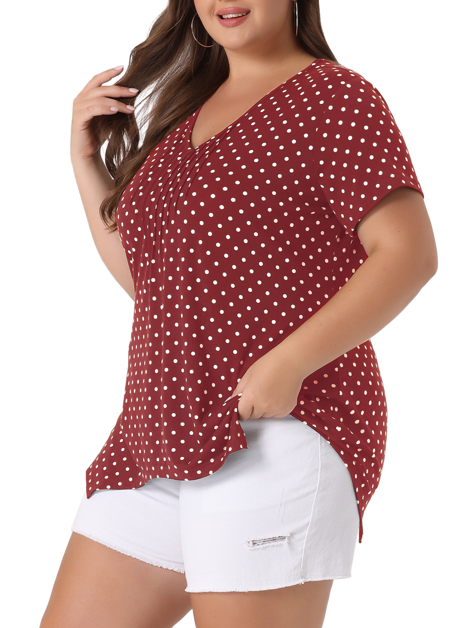 DARING DIVA Women's Plus Size V Neck Pintuck Short Sleeve Polka Dots Top 3X Burgundy