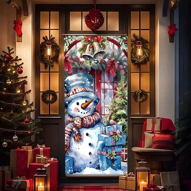 Decoración navideña para puerta de entrada, cortina decorativa para puerta de festival, patrón de muñeco de nieve para garaje al aire libre, cubierta colgante para puerta de entrada navideña, rústica
