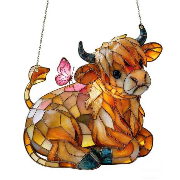 Stained Highland Cow and Butterfly Acrylic Suncatcher, 2d Flat Spring Window Pendant, 7.9 Inches Wide, Garden & Gift for Cow Lovers