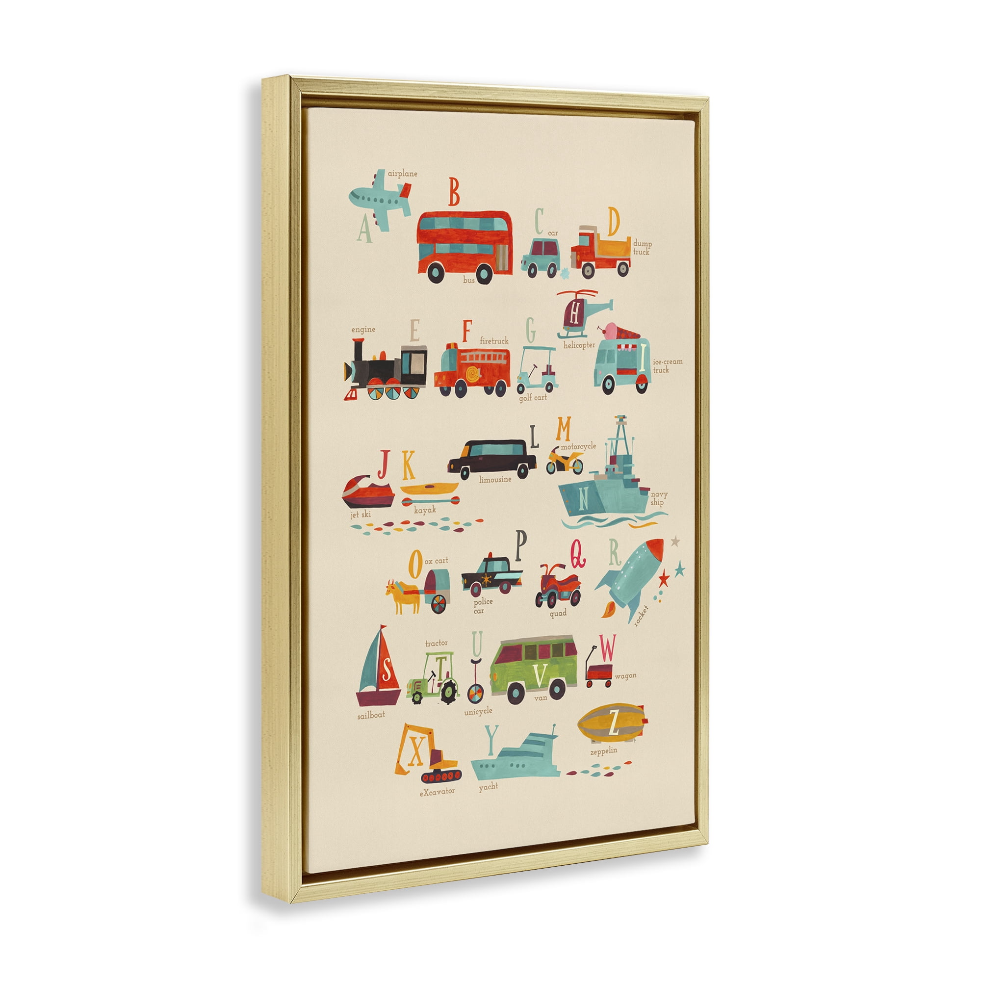 Stupell Industries Varied Transportation Alphabet Education Painting Gold Floater Framed Canvas Art Print Wall Art, 17 x 25
