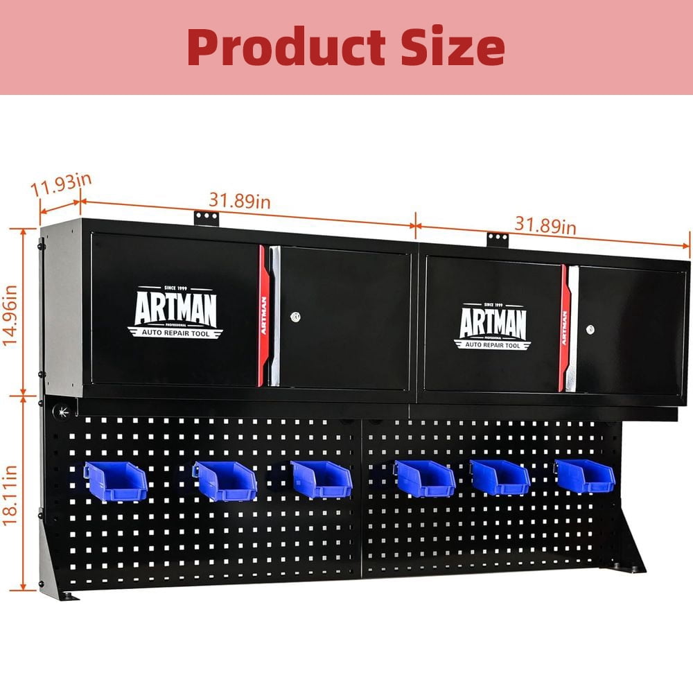 MIDOQIN Metal Garage Wall Cabinet, Wall Mounted Steel Storage Cabinet with 2 Doors, Pegboard, Hooks, Basket, and Storage Shelf, Black and Red