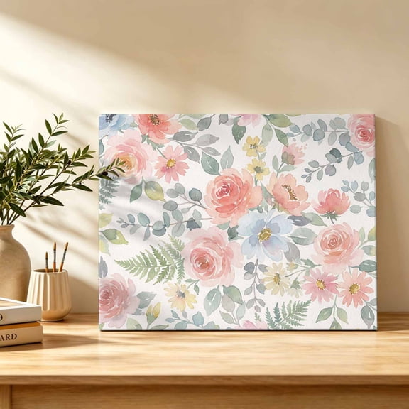 Spring Florals Canvas Wall Art, Watercolors Pink Blue Flower Eucalyptus Leaves Wall Art Prints Artwork Framed Canvas Ready to Hang Art Pictures for Bathroom Bedroom Entry Desk Corner 10" x 8"