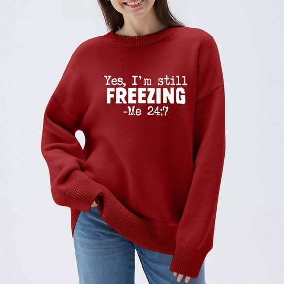 AUNVITO Womens Round Neck Sweaters Casual Loose Long Sleeve Pullover Cozy Fall Winter Outfits