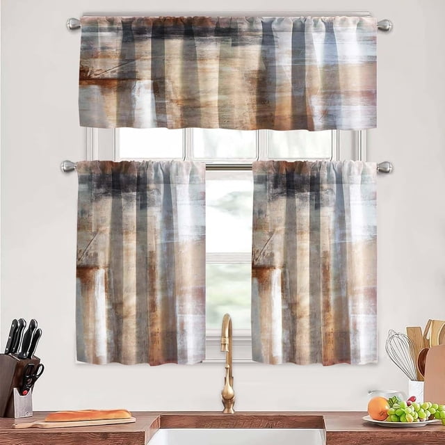 Brown Thin Kitchen Curtains Tiers and Valances Set 3 Piece for Windows Beige Kitchen Window Curtains Set,Modern Abstract Art Valances for Living Room(36" Tiers Set)