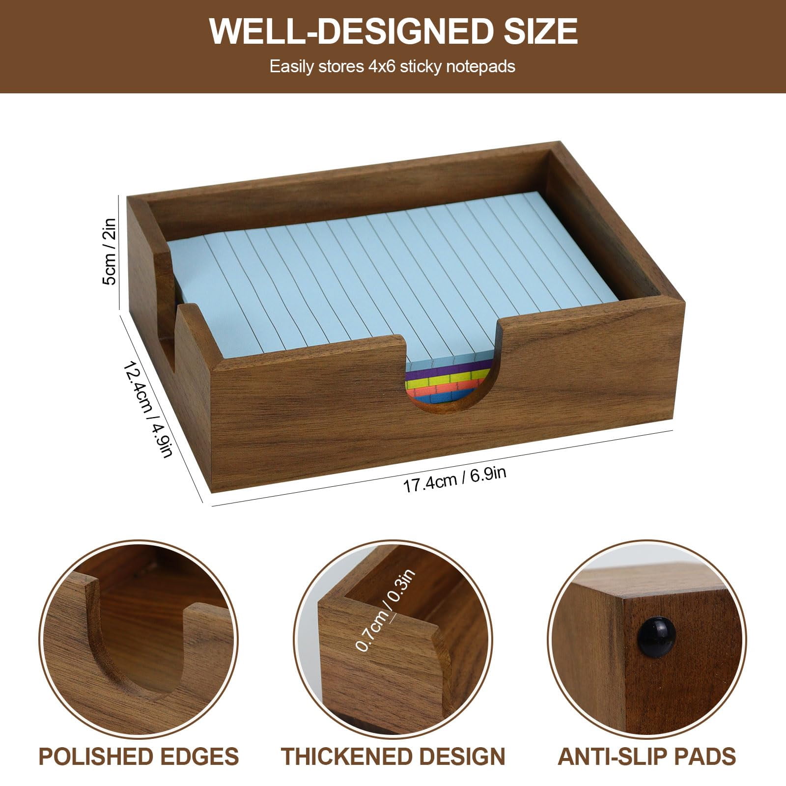 Multibey Walnut Sticky Note Holder - Durable Wood Desk Organizer for Home, Office & Study, Stylish Adhesive Note Stand for Daily Notes, Reminders & Decor