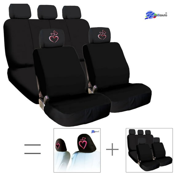 Yupbizauto New Interchangeable Embroidery Pink Heart Logo Headrest Covers with Universal Size Low Back Black Color Fabric Car Seat Covers Combo Set