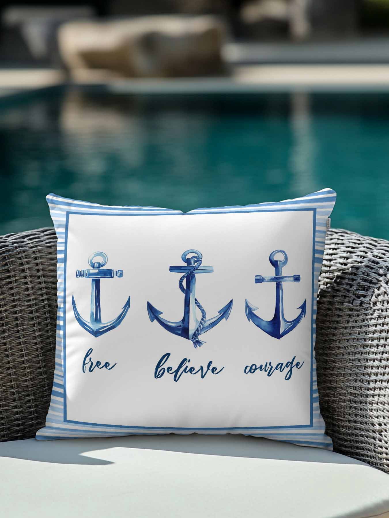 1 Pack Outdoor Pillows Waterproof, Nautical Anchor Indoor/Outdoor Throw Pillows with Inserts, Summer Coastal Ocean Anchor Blue Stripes Decorative Pillow for Patio Furniture Chairs Couch