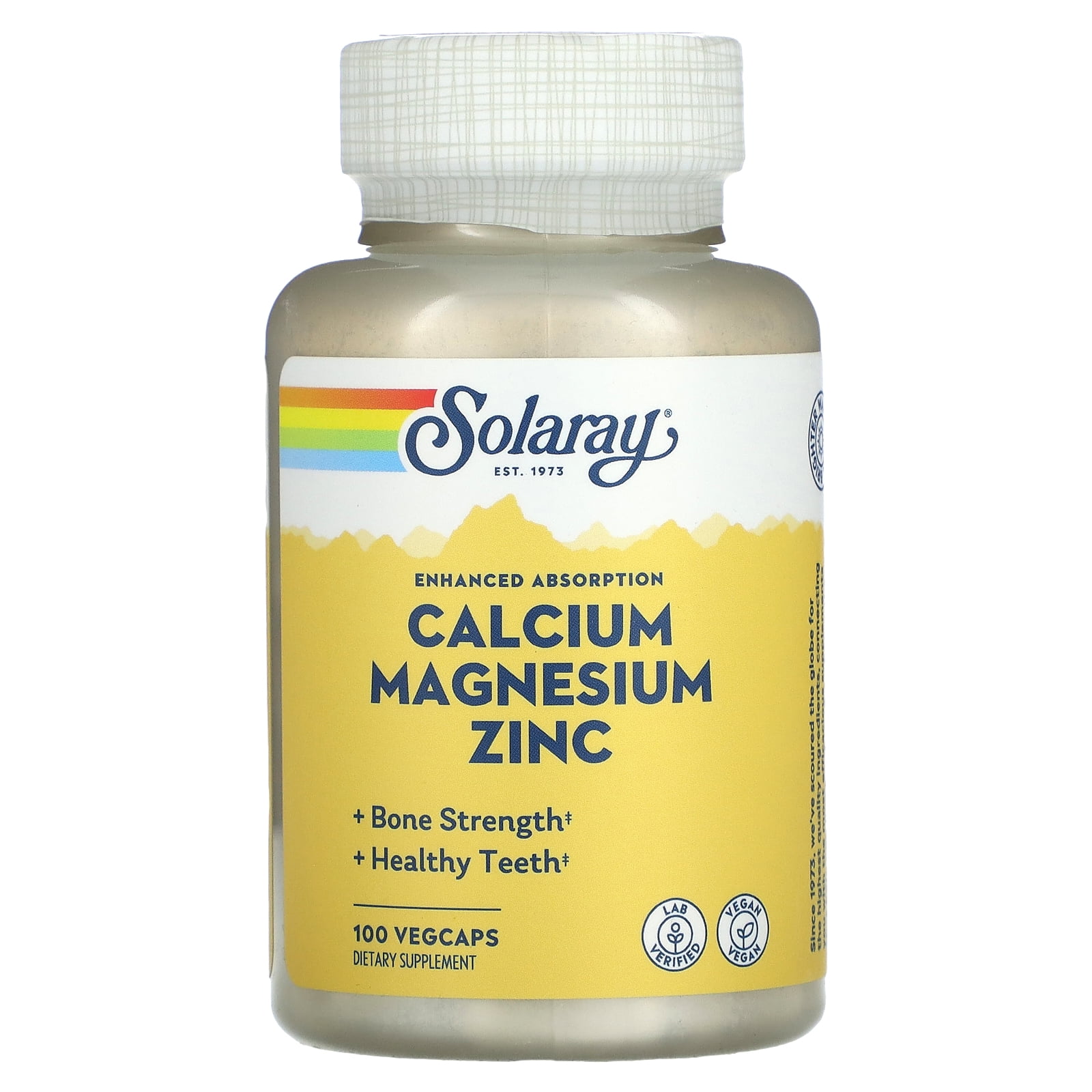 Solaray Calcium Magnesium Zinc Supplement, with Cal & Mag Citrate, Strong Bones & Teeth Support, Easy to Swallow Capsules, 60 Day Money Back Guarantee (100 CT)