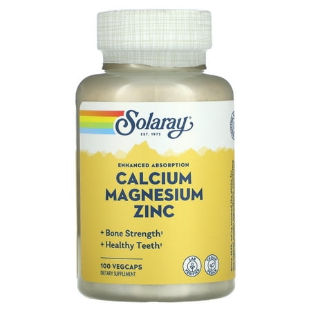 Solaray Calcium Magnesium Zinc Supplement, with Cal & Mag Citrate, Strong Bones & Teeth Support, Easy to Swallow Capsules, 60 Day Money Back Guarantee (100 CT)