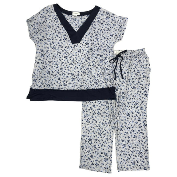 Layla Womens Gray & Blue Floral Knit Pajamas T-Shirt & Capris Sleep Set XX-Large