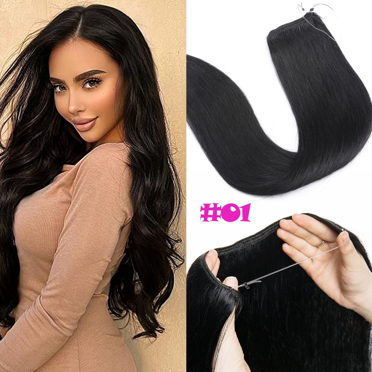 SEGO Wire Hair Extensions 100% Human Hair Straight Hair Extensions 16inch-22inch Light Blonde Highlighted Golden Blonde Invisible Wire Fish Line Hair Extensions Straight Human Hair Extensions