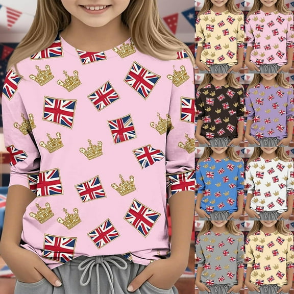 Unisex Kids Summer Fashion Shirts 3/4 Sleeve Loose Fit Spring Tops Flower Printed Crew Neck Blouses for Girls Dressy Casual Tunic Tops Lightweight Basic T-Shirts