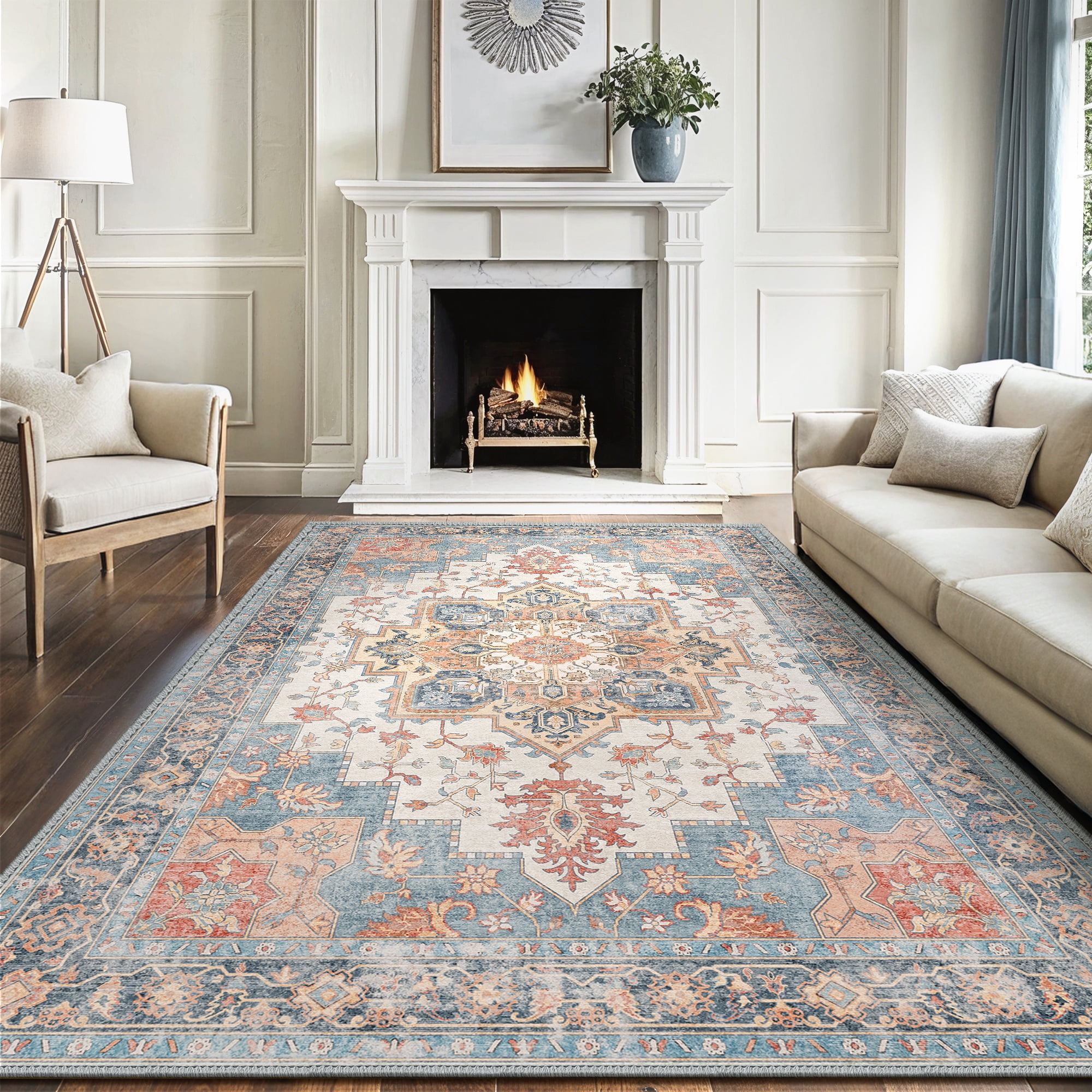 KUETH 5X7 Area Rugs for Living Room, Non Slip Machine Washable Retro Rugs, Ultra-thin Print Rug for Bedroom, Dining Room, Home Office.