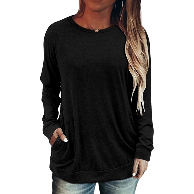 Womens Tops Color Block Pullover Long Sleeve T Shirts with Pockets Crew Neck Tunic Blouse