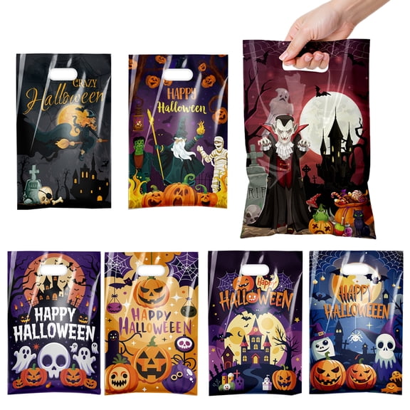 100 Pcs Halloween Treat Bags with Handles – Halloween Goodie Bags for Kids, Trick or Treat Candy Gift Bag Plastic Tote Bag for Party Favors Supplies
