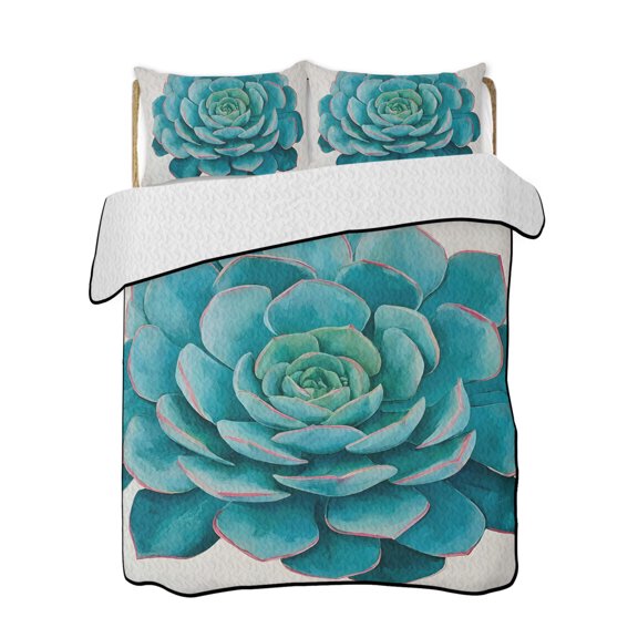 Full Size Quilt Bedding Set, Retro Green Succulents Reversible Summer Quilt 3 Pieces, Watercolor Leaves Country Plants Lightweight Bedspreads Coverlets with 2 Pillow Shams for All Seasons