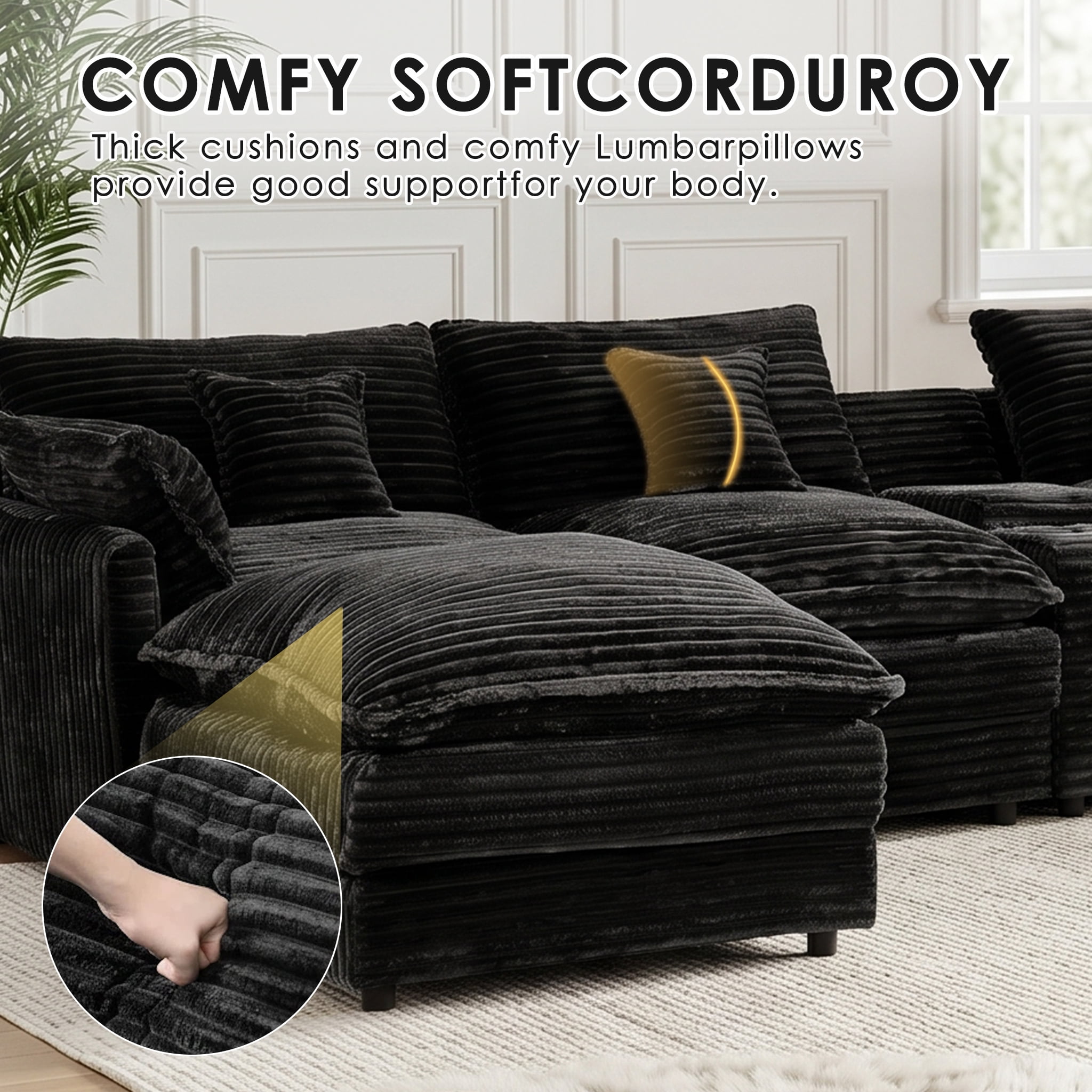 ANPPORT Luxury 145" U Shaped Cloud Modular Sectional Sofa, Corduroy Deep Seat Couch with Storage Console, USB Ports & Cup Holders for Living Room, Black
