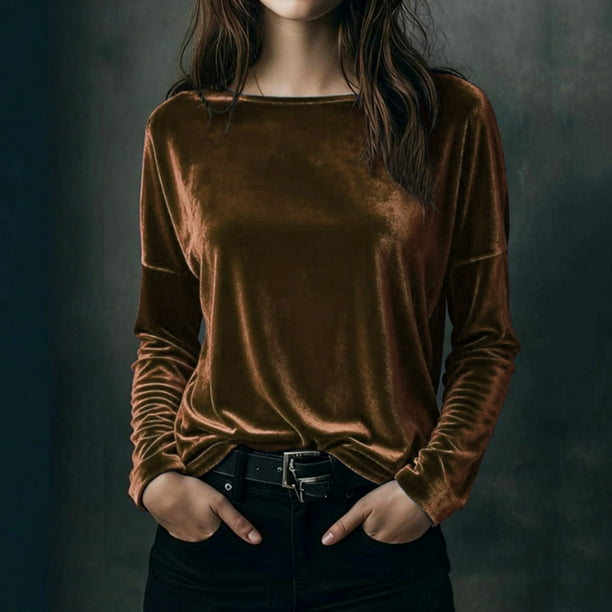 Karight Velvet Tops for Women Long Sleeve Crew Neck Tshirts Casual Loose Fit Tunic Blouses Elegant Party Dressy Outfits