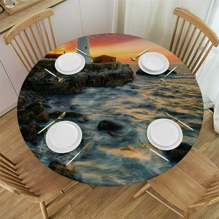 

Patifu Lighthouse Sunset Rocky Shore Round Table Cover Stain Resistant Washable for Indoor Outdoor Kitchen Dining Wedding Parties 100% Polyester for Picnic Dining Kitchen Farmhouse Table Cloth 42 -46