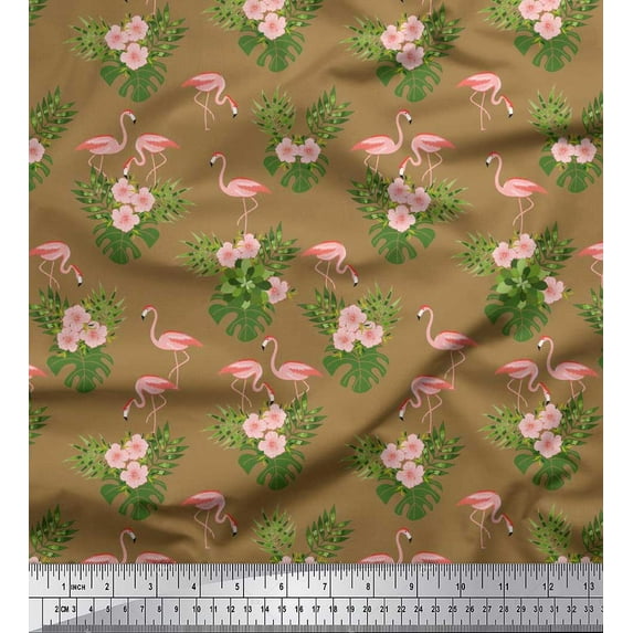Soimoi Velvet Fabric Tropical Leaves,Floral & Flamingo Bird Printed Fabric 1 Yard 58 Inch Wide