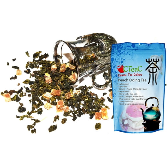 Chinese Tea Culture Peach Oolong Tea, caffeinated, this tea weaves the modest, delicate of Peach flavor, slightly sweet, delicious to enjoy hot or iced, loose leaf tea - 2oz