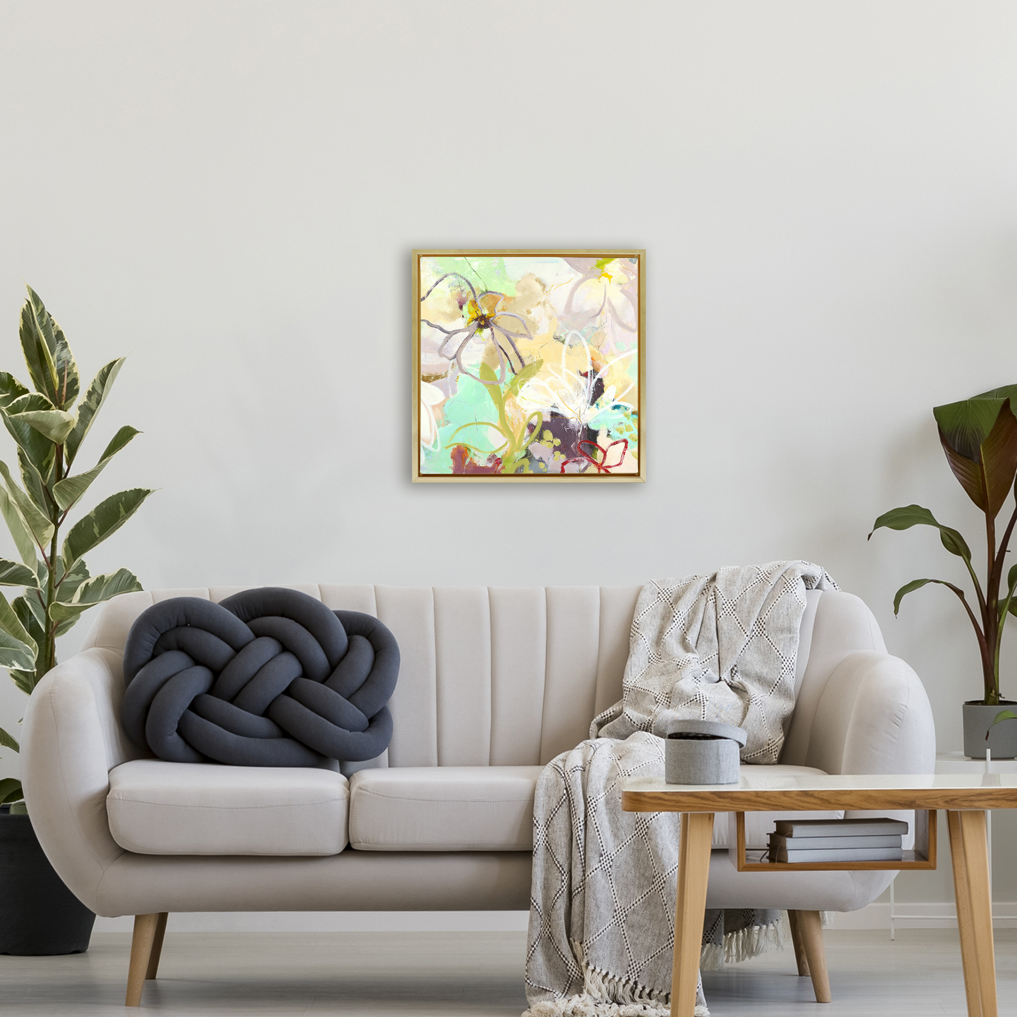 Last Days Of Spring Abstract Gold Framed Floater Canvas Wall Art, design by Design Fabrikken