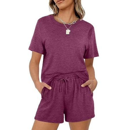

Bomotoo Women Nightwear Short Sleeve Lounge Sets Elastic Waist Sleepwear Baggy Pajamas Summer Pjs Purple Red S