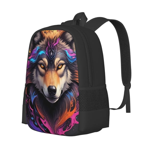 Balery Colorful Wolf Head Mochila para hombre y mujer - Tela Oxford 600D resistente - Gran capacidad, resistente al agua, ideal para la escuela, viajes y senderismo