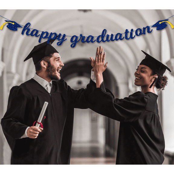 Happy Graduation Banner, Blue Glitter, Party Decoration with Graduation Cap Design