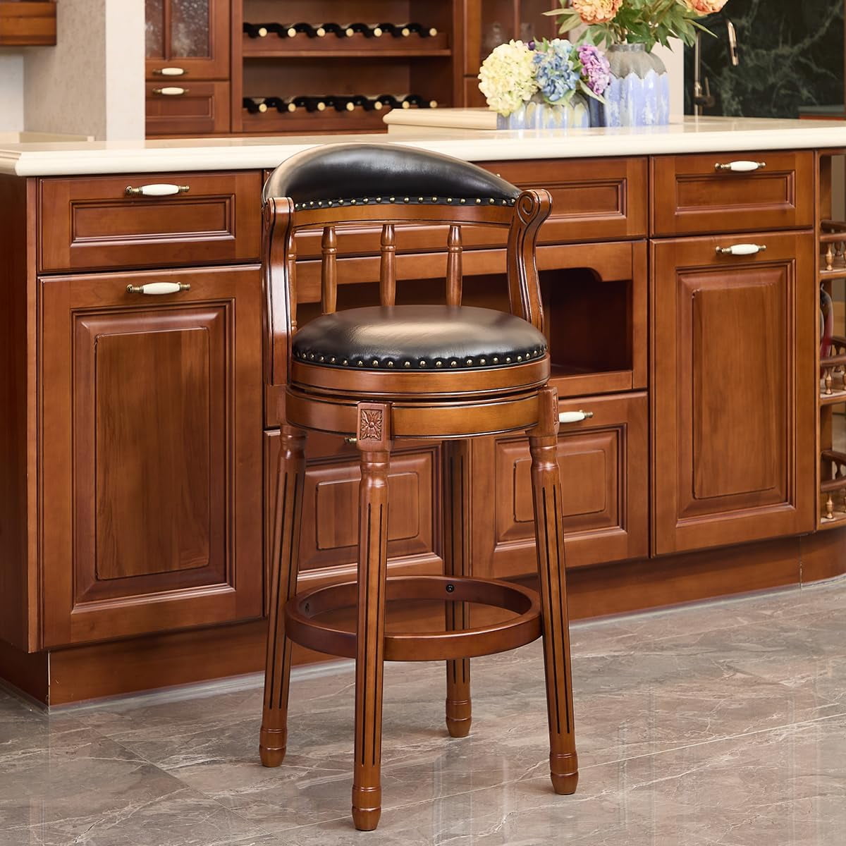 AULIFE Bar Stools Mid-Back Modern Swivel Barstools,Kitchen Counter Genuine Leather Upholstered Island Barstool with Footrest for Home Kitchen Dining Room