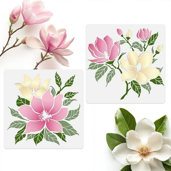 2Pcs Magnolia Flower Wall Stencil Templates 11.8 x 11.8 Inch Reusable Plastic Magnolia Stencils for Painting on Wood Wall Floor Fabric Glass Furniture DIY Home Decor Or Craft Stencils