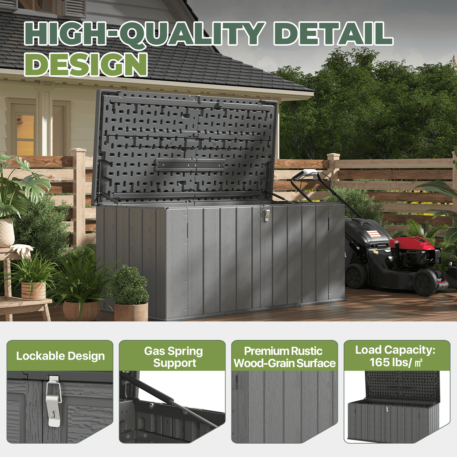 BaPiPro 120 Gallon Outdoor Patio Deck Box, Plastic Resin Storage Box for Garden Backyard Pool, Small Waterproof Storage Bins, 4.7'x2.2', Gray