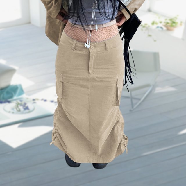 Faldas Cargo Falda con cordón ajustado para mujer Y2K Faldas largas de cintura baja Faldas elegantes de hip hop Cgtredaw Caqui L para Mujer