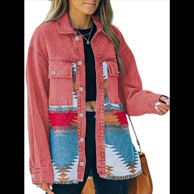 Chaqueta Vaquera de Larga con Solapa Holgada y Parches para Mujer, Estilo Retro con Borde Sin Rematar, de Medio. Rosa XL