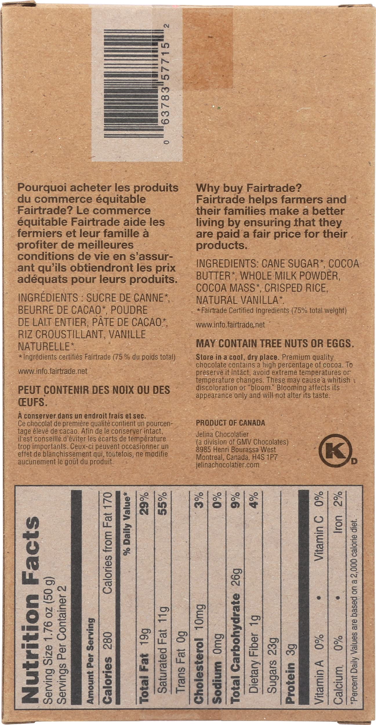 Jelina Chocolatier Crisp Rice Milk Chocolate, Fair Trade, Kosher, 3.52 Ounce (Pack of 8)